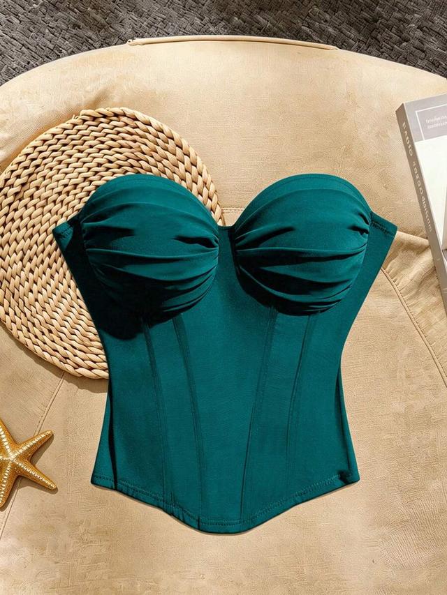 solid color elastic pleated bust bandeau corset top