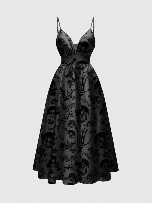 gothic skull and rose print spaghetti strap dress