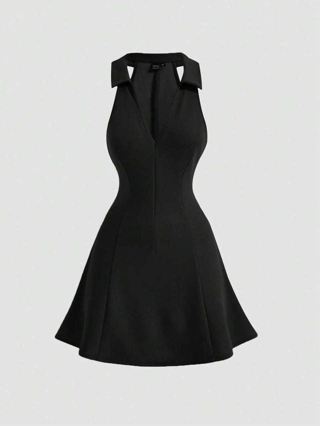 solid black fit and flare collared mini dress