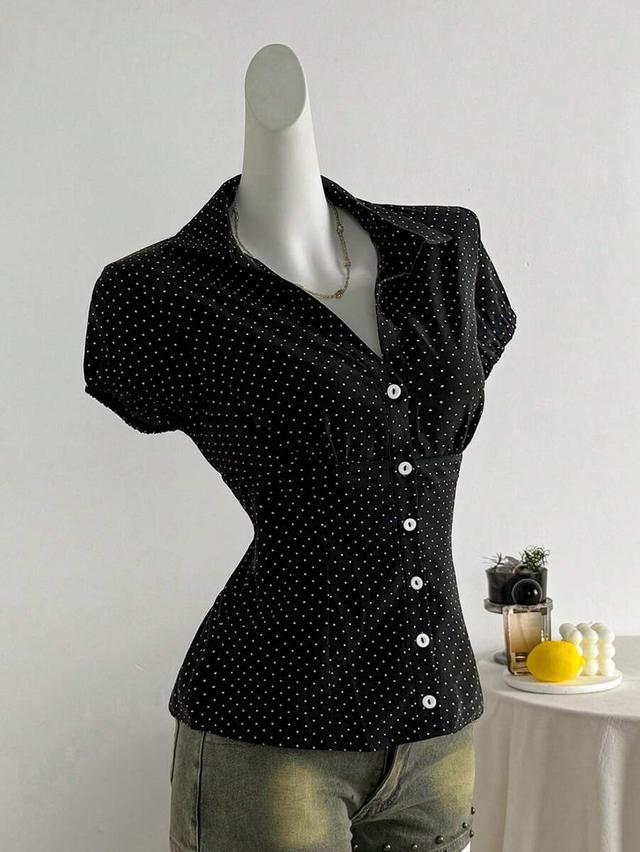 elamini black polka dot collared slim fit blouse