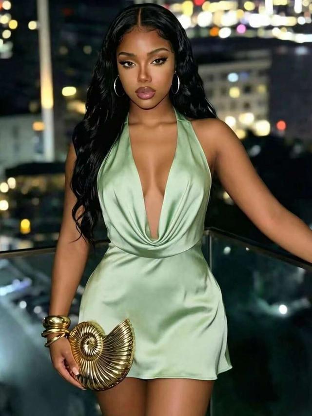 sage green silk finish deep v-neck halter dress