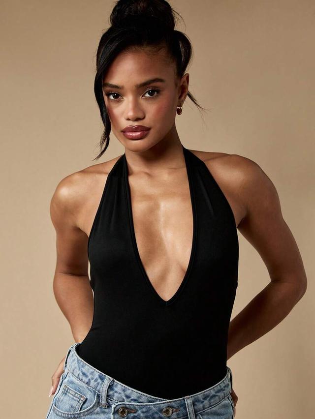 black deep v-neck halter neck bodysuit