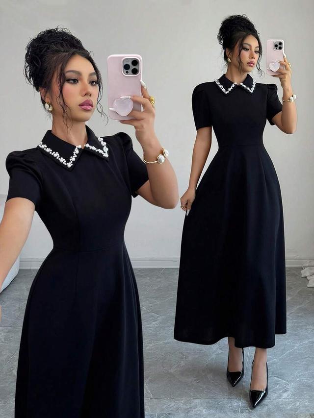 elegant black pearl collar puff sleeve a-line dress