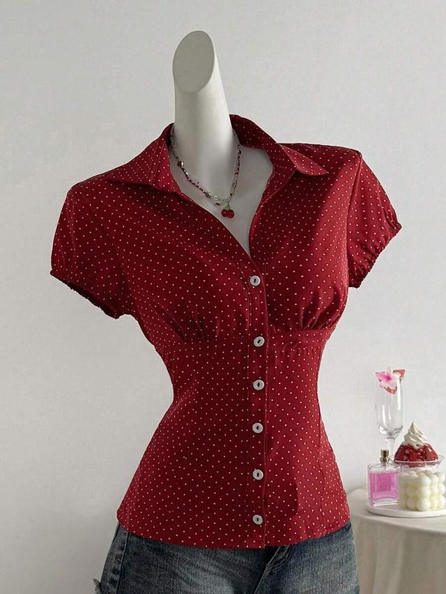 elamini polka dot print collar slim fit blouse