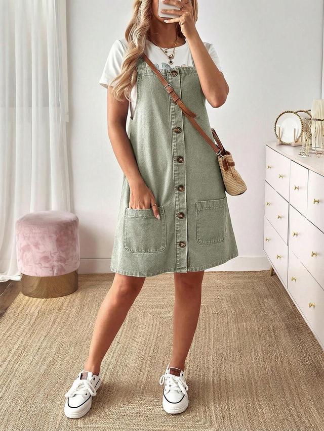 sage green denim button-front pinafore dress