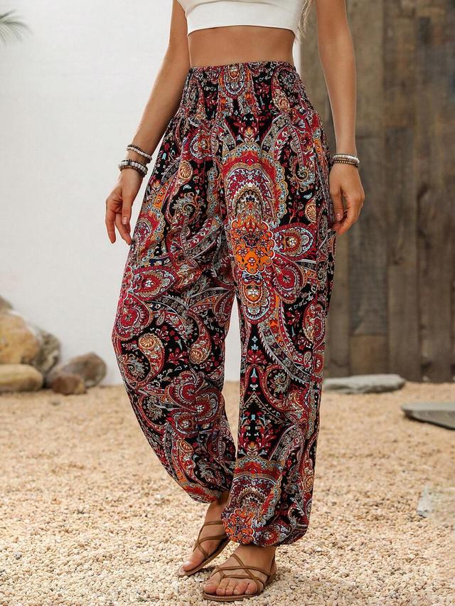 vintage paisley print loose elastic waist crop pants