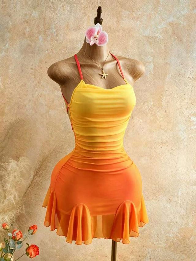 gradient yellow orange strapless backless ruched mini dress