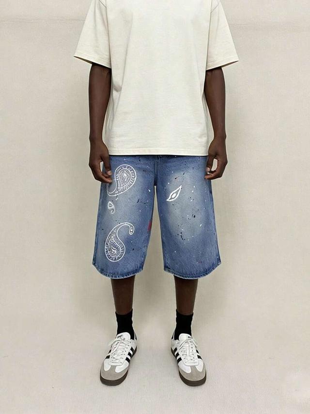 men's denim cropped pants loose cashew flower ink wash