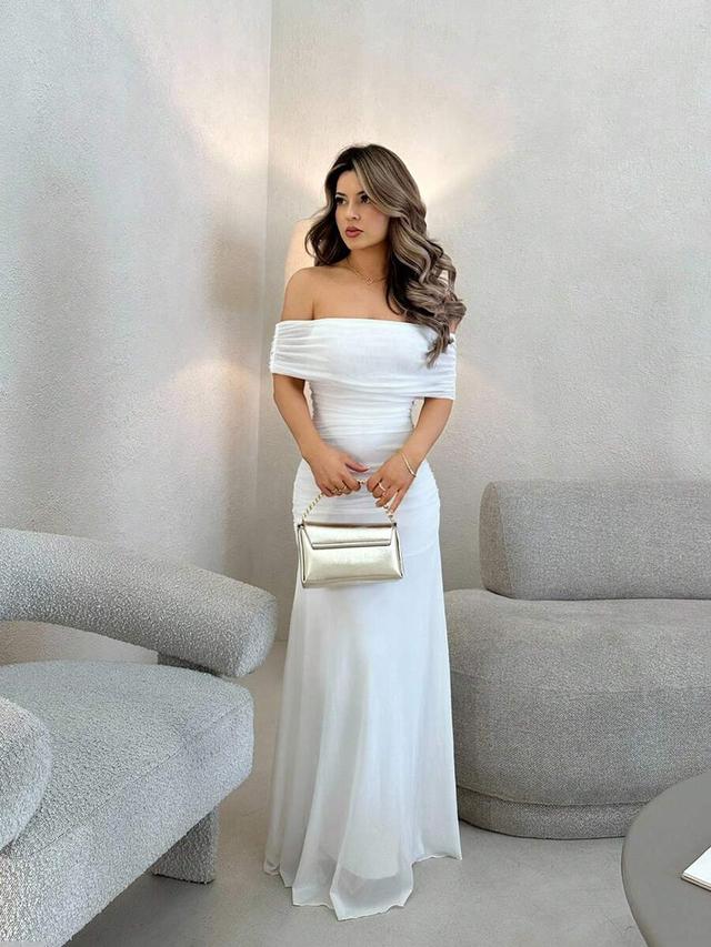 white off-shoulder ruched chiffon maxi dress
