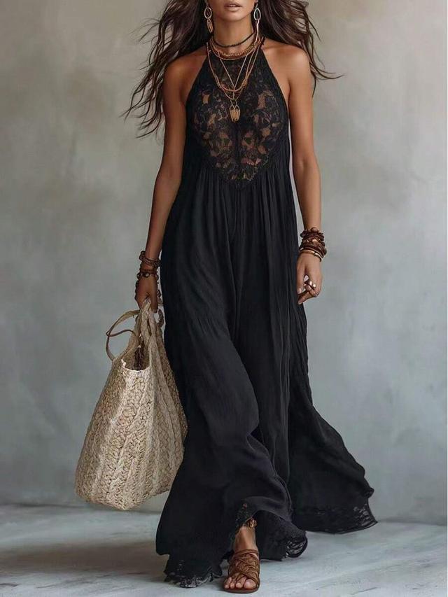 black halter neck maxi dress with lace bodice
