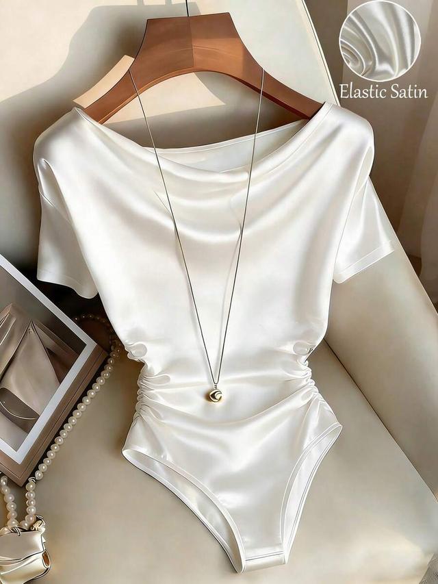 off-white satin boat collar ruched bodysuit
