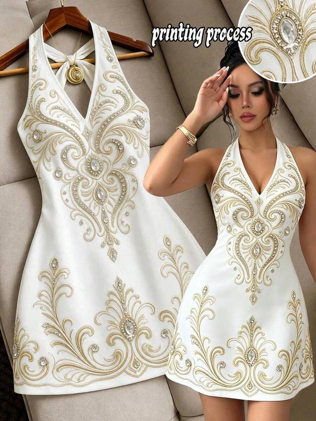 white halter dress with gold embroidery and crystals