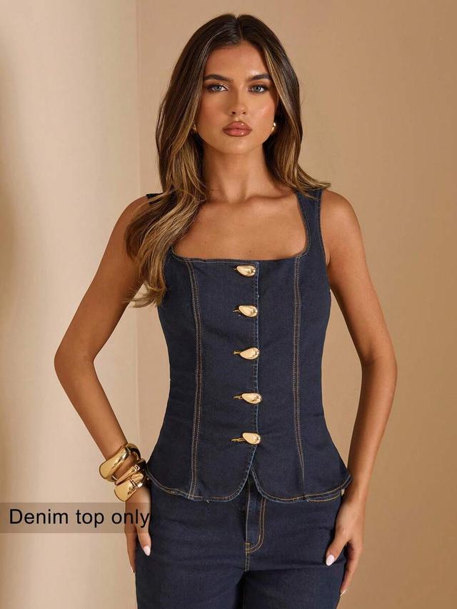 navy blue denim sleeveless button front peplum top