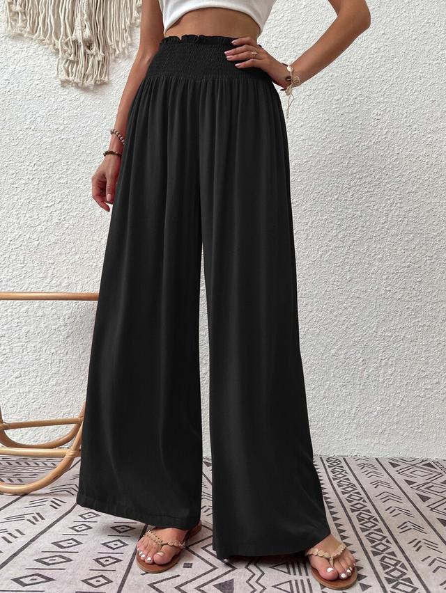 black shirred waist wide leg trousers