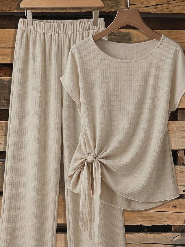 light beige textured tie-front summer blouse