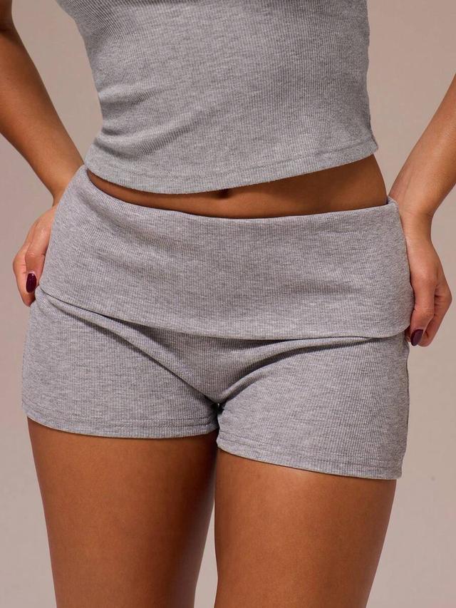 musera essentials grey rib fold over waist mini shorts