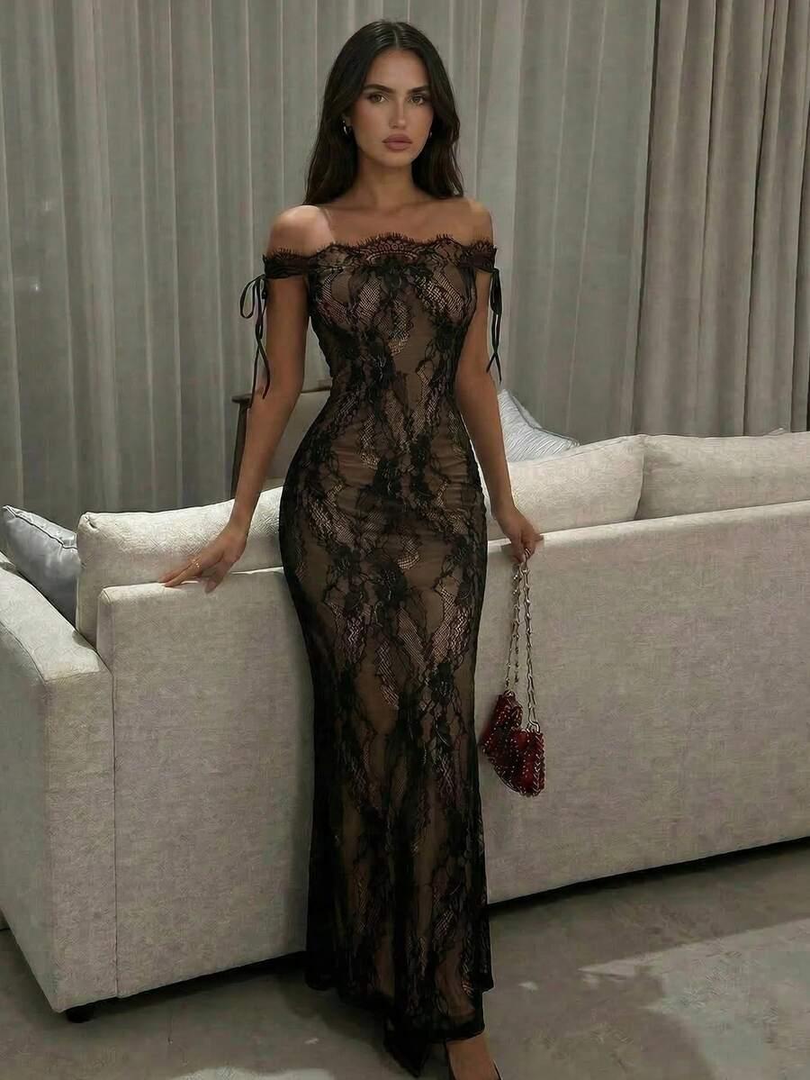 black lace off-shoulder floor-length bodycon evening dress