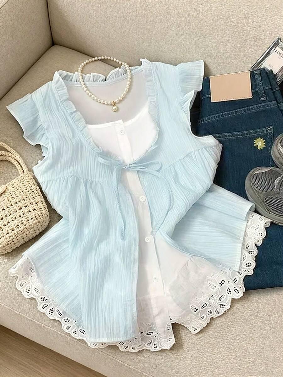 light blue and white patchwork ruffle tie blouse