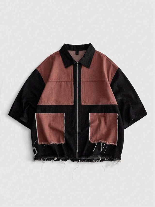 contrast color dual pocket denim zipper shirt