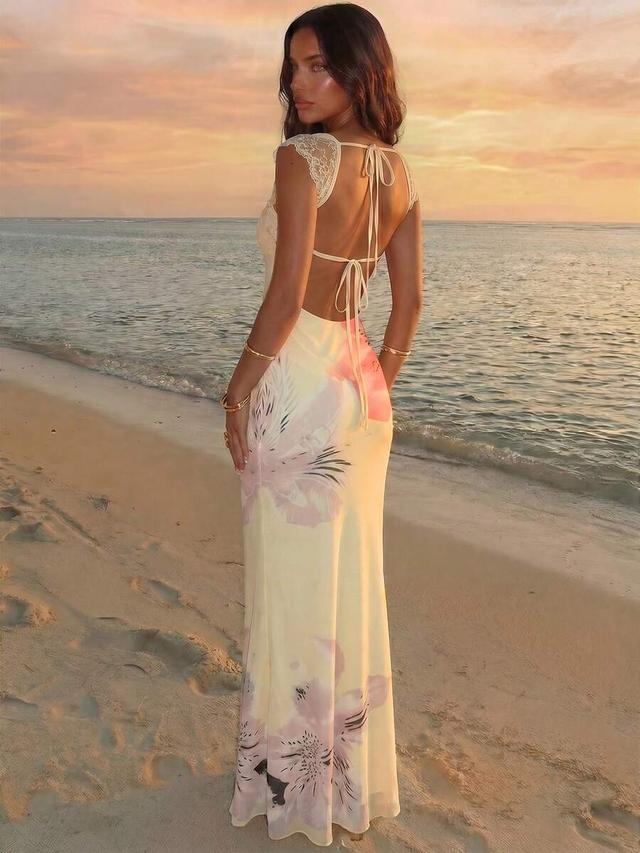 floral print satin maxi dress with lace back