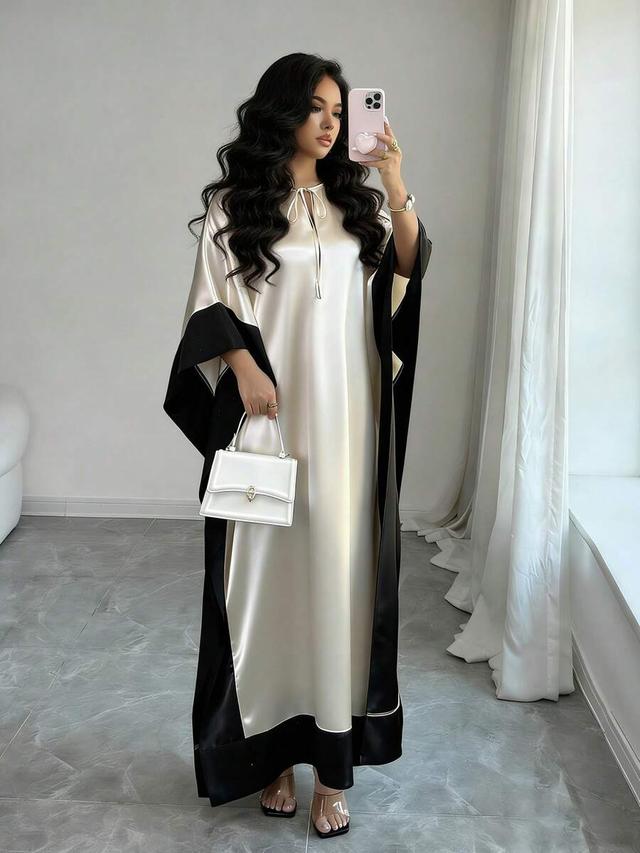 color block satin round neck kaftan dress