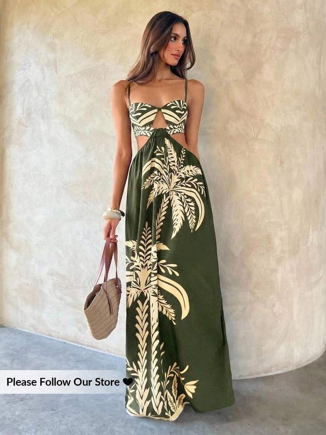 olive green floral print cutout maxi dress