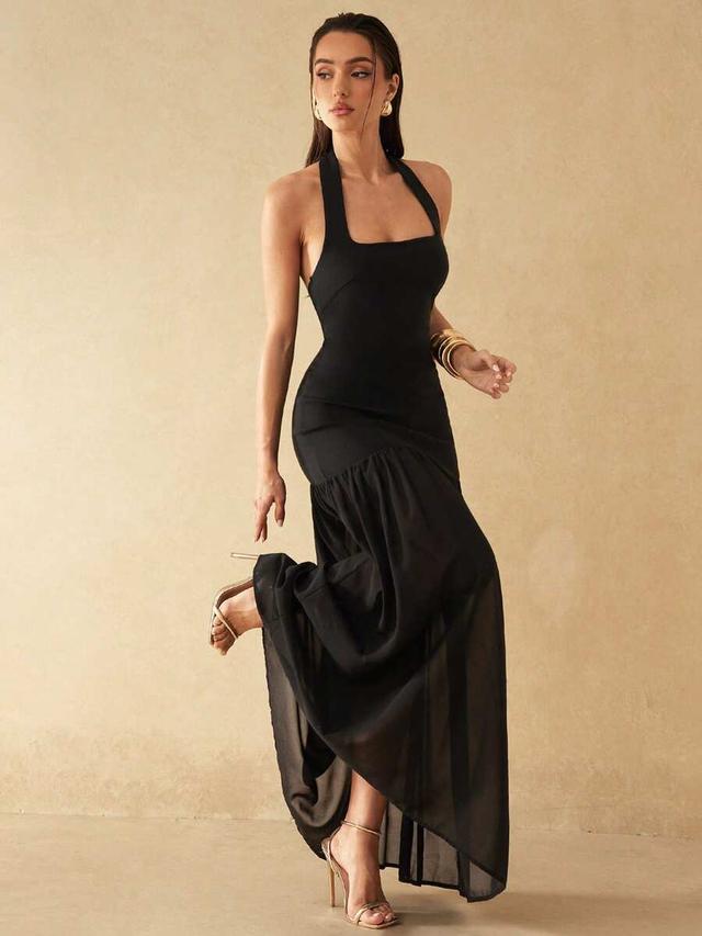 silquee black backless fitted long dress with mesh hem
