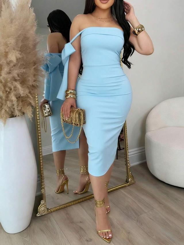 elegant light blue strapless mini fitted bow dress