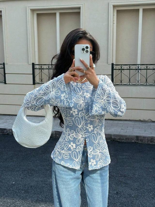 siren gaze blue floral embroidered long sleeve blouse