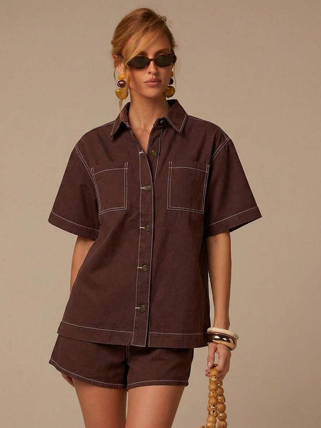dark brown denim short sleeve shirt and shorts set