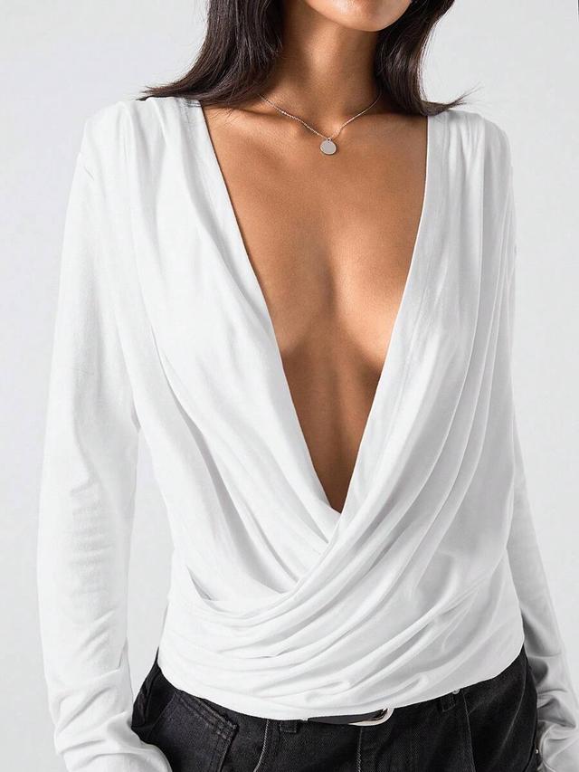 white minimalist long sleeve slouch collar top