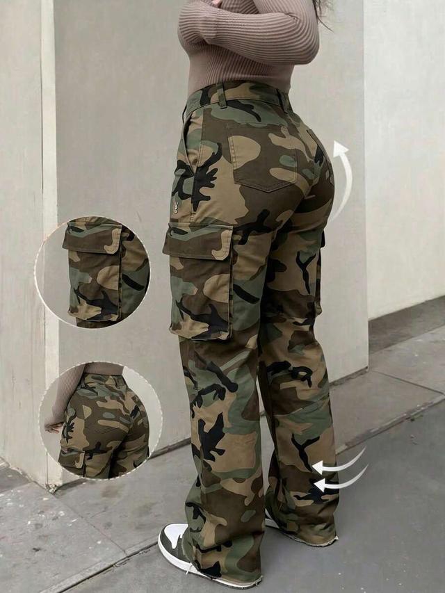 women camo print flare cargo utility trousers