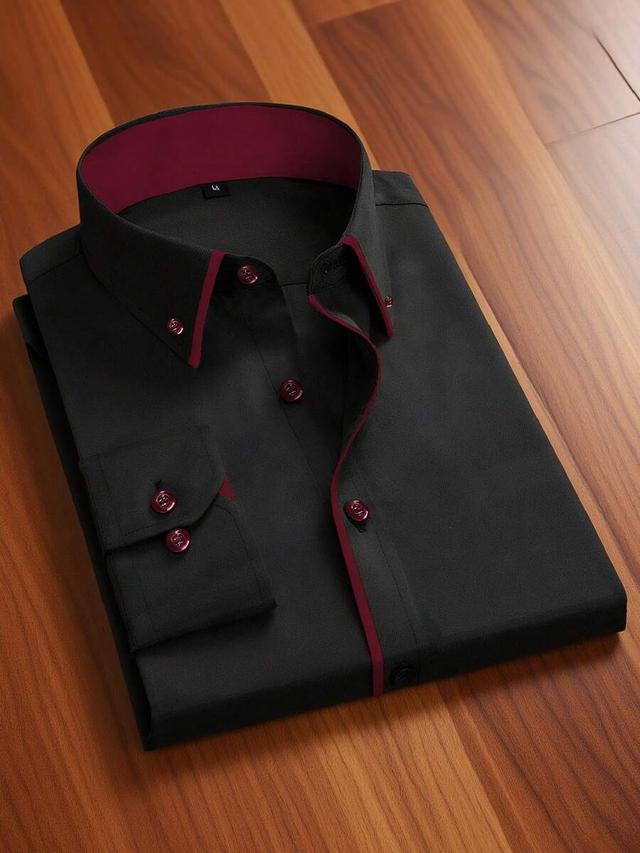 black slim fit business shirt with burgundy contrast piping