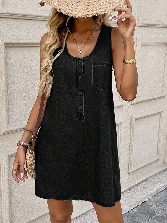 black acid wash denim button-front shift dress