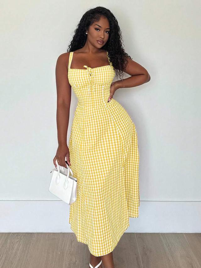 yellow gingham midi dress with corset bodice