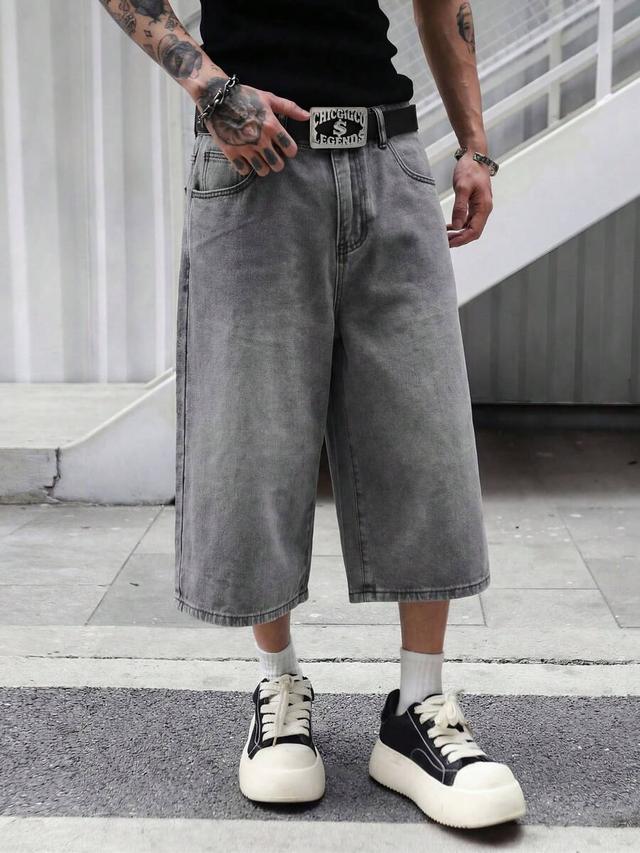 men's casual washed grey loose wide leg denim shorts