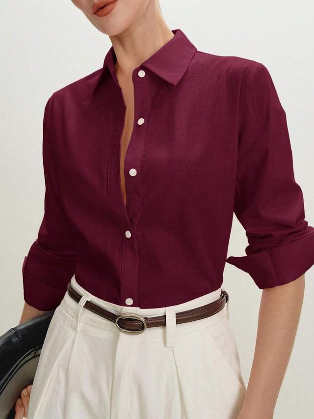 berry color lapel front button-down shirt