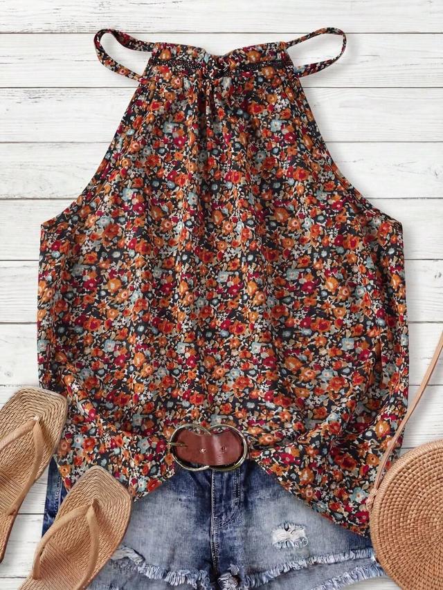ditsy floral backless tie-up halter crop top