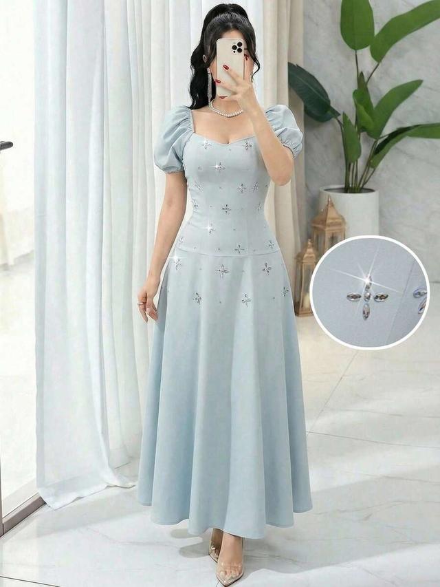 feyla elegant rhinestone puff sleeve dusty blue dress