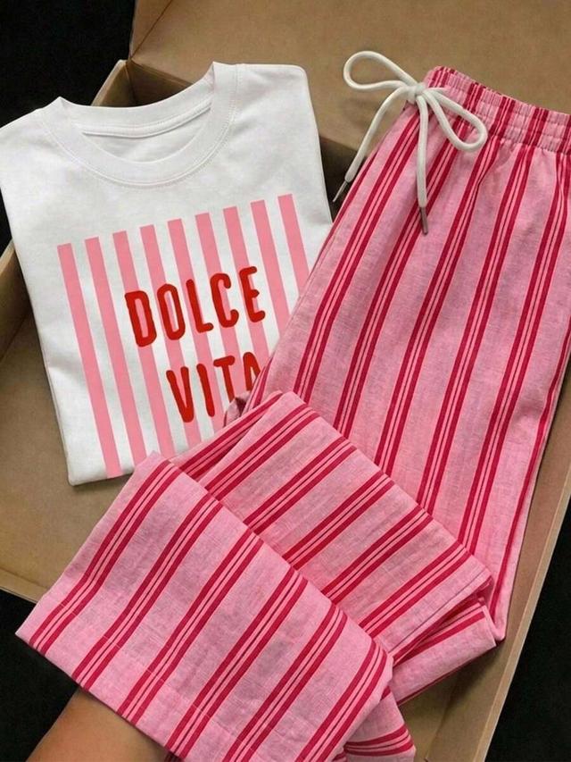 casual round neck short sleeve top and striped pants