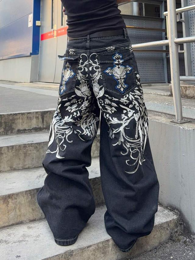 embroidered black loose fit wide leg jeans