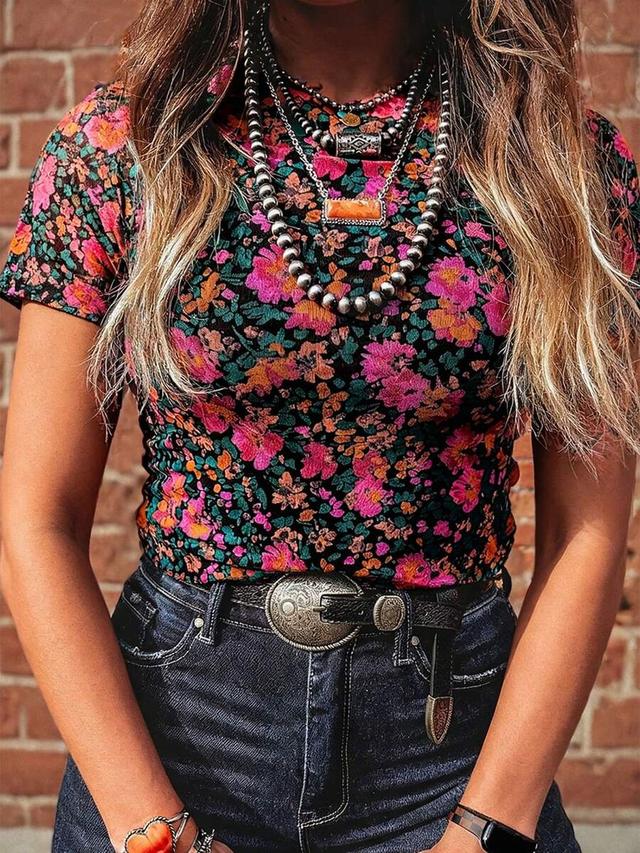 vintage rose print mesh fitted short sleeve top