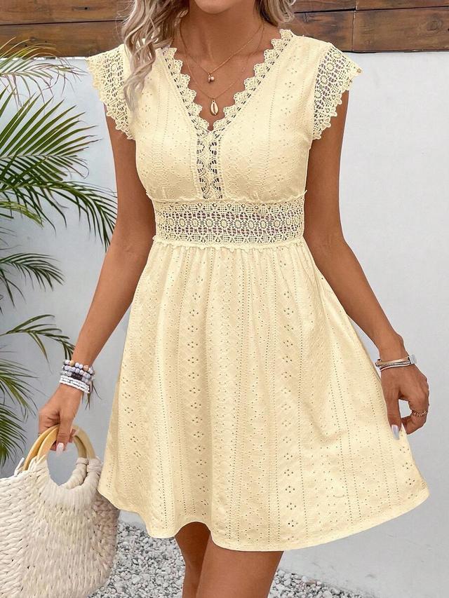 solid color v-neck lace trim eyelet summer dress