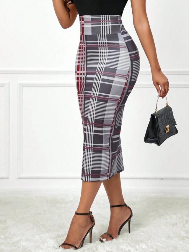 grey plaid knitted midi skirt with back slit