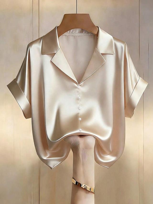 champagne satin v-neck blouse with faux pearl buttons