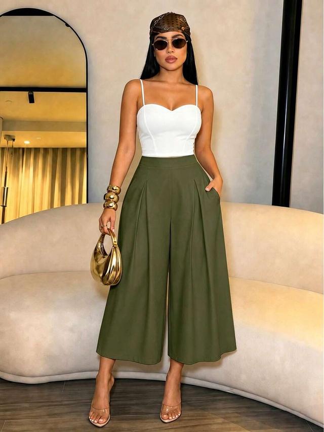 olive green high-waist pleated wide-leg capri pants