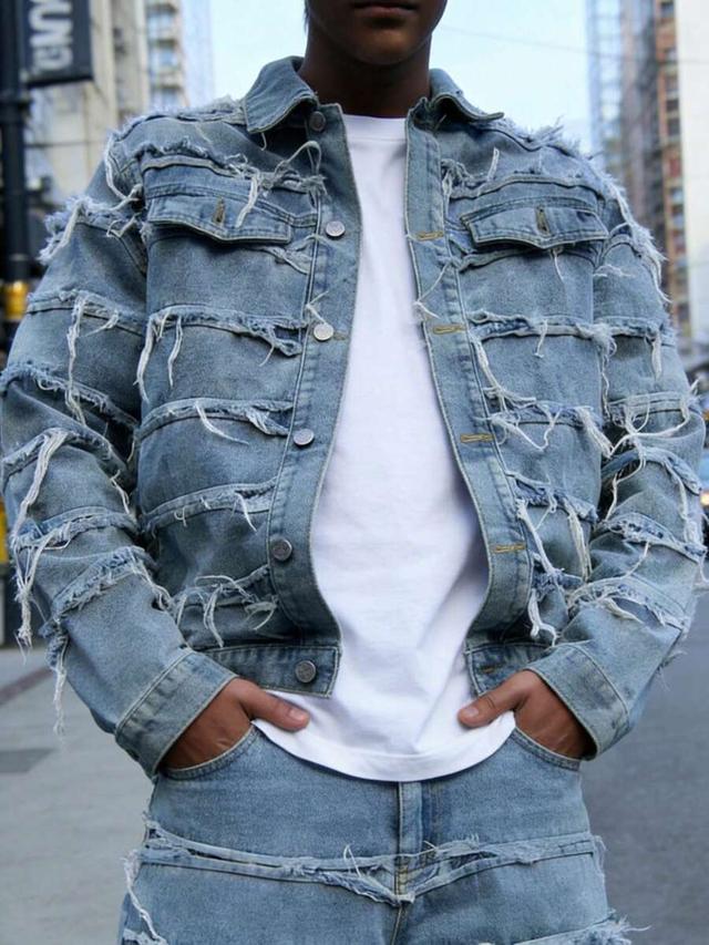 men's streetwear denim jacket with heavy distressed frayed details