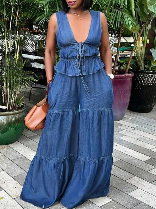 sleeveless denim peplum top with matching tiered wide-leg trousers