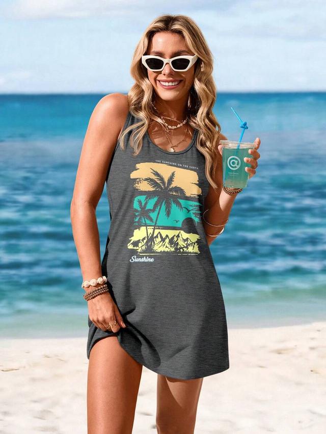 casual grey sleeveless vacation print tank dress