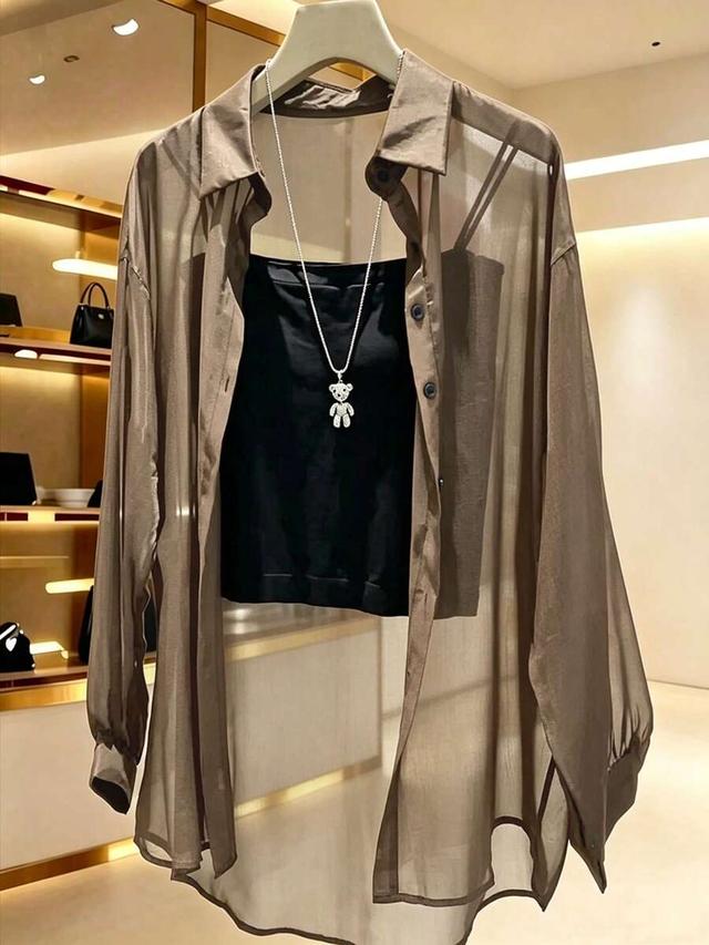 inawly brown sheer long sleeve button-down shirt